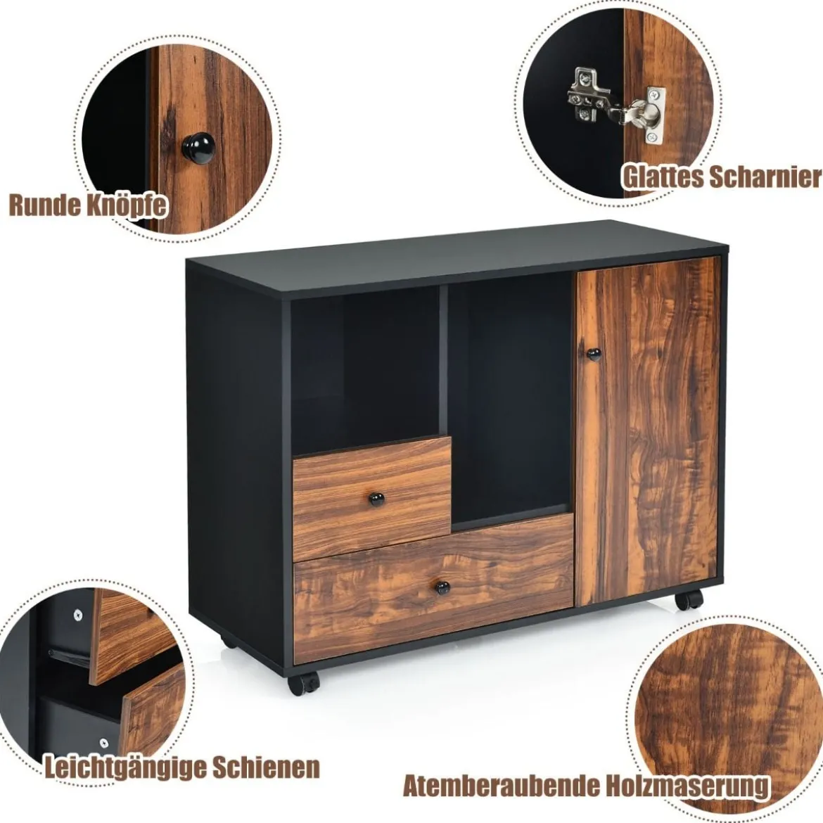 Industrieller rollender Lagerschrank tragbarer Seitenschrank Beistellschrank 90 x 35 x 69,5 cm Braun + Schwarz