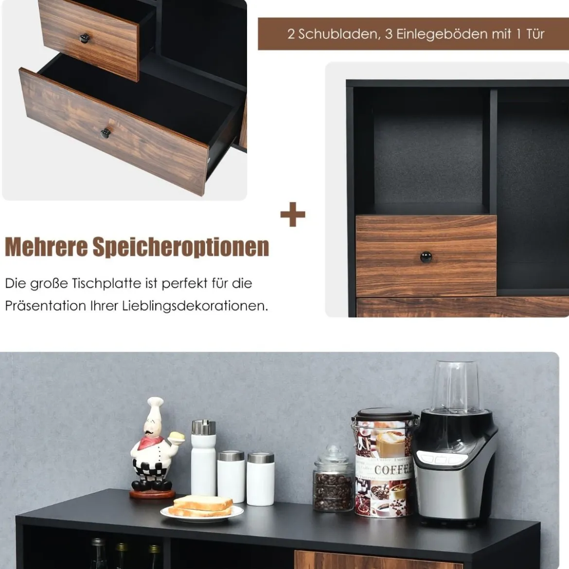 Industrieller rollender Lagerschrank tragbarer Seitenschrank Beistellschrank 90 x 35 x 69,5 cm Braun + Schwarz