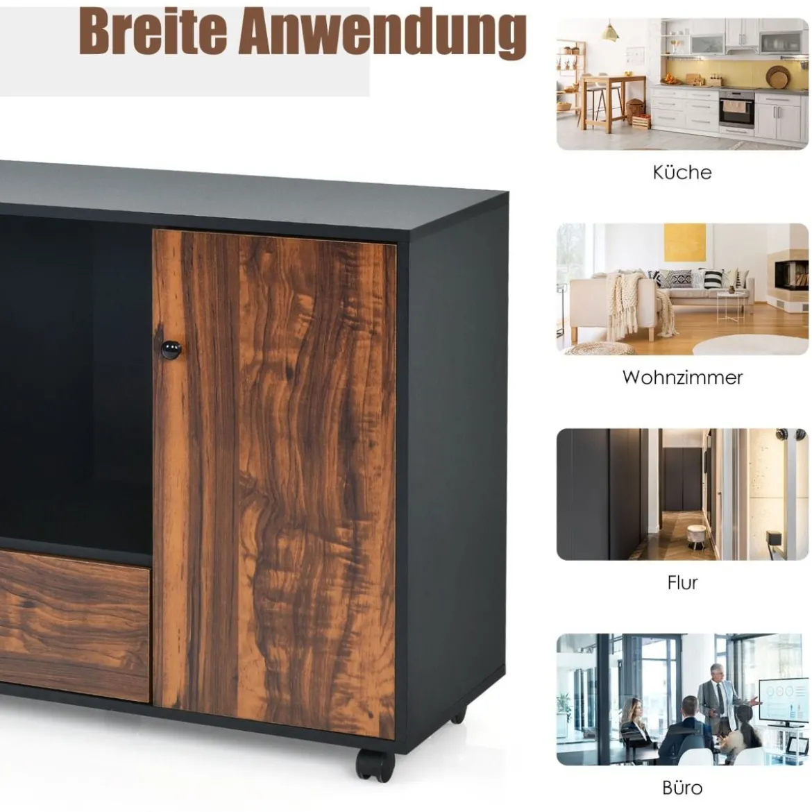 Industrieller rollender Lagerschrank tragbarer Seitenschrank Beistellschrank 90 x 35 x 69,5 cm Braun + Schwarz
