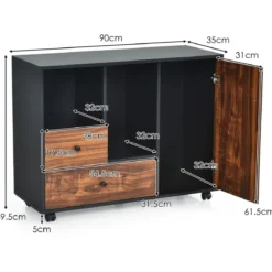 Industrieller rollender Lagerschrank tragbarer Seitenschrank Beistellschrank 90 x 35 x 69,5 cm Braun + Schwarz