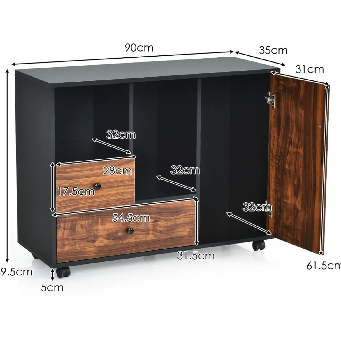 Industrieller rollender Lagerschrank tragbarer Seitenschrank Beistellschrank 90 x 35 x 69,5 cm Braun + Schwarz