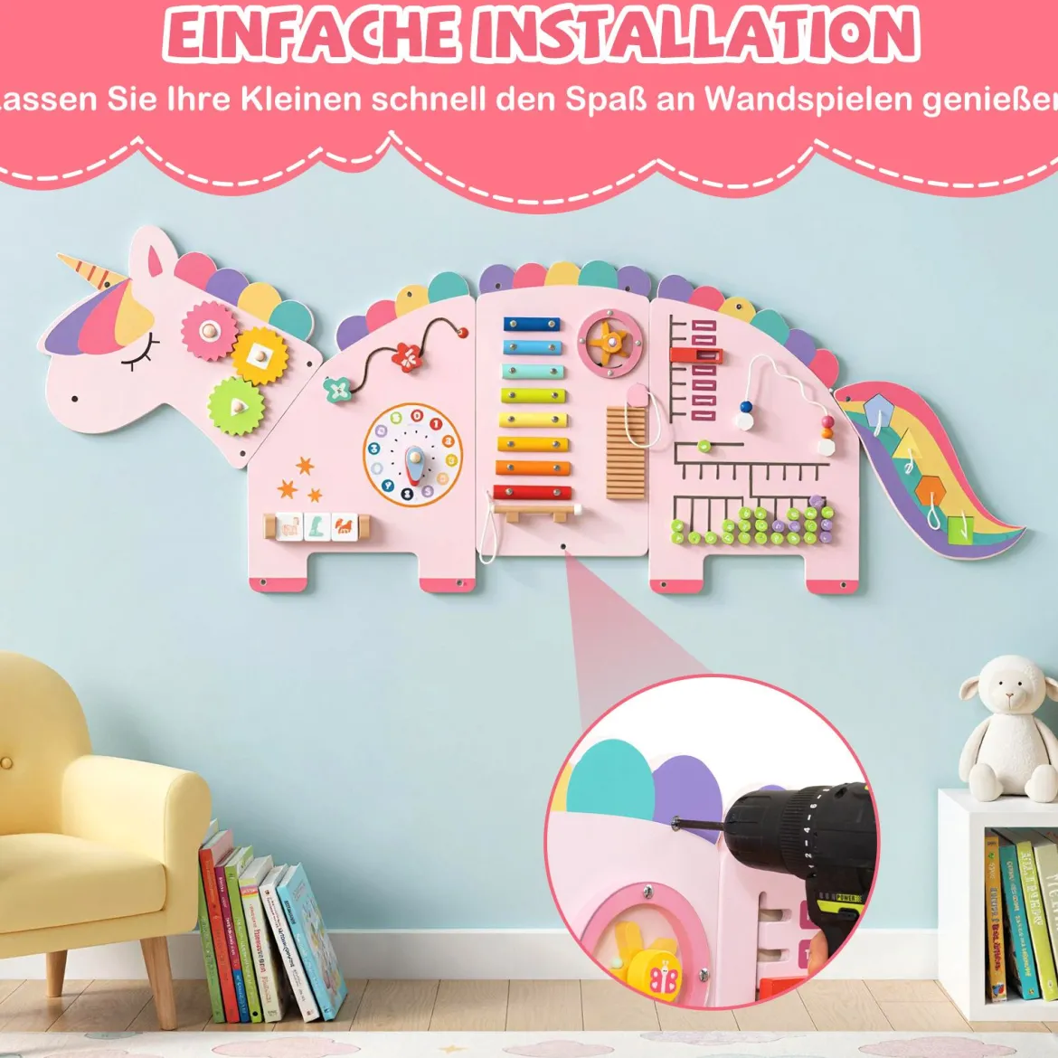 11 in 1 Einhorn Aktivitätswand für Frühe Entwicklung Busy Board Paneele für Kleinkinder Sinnesbrett