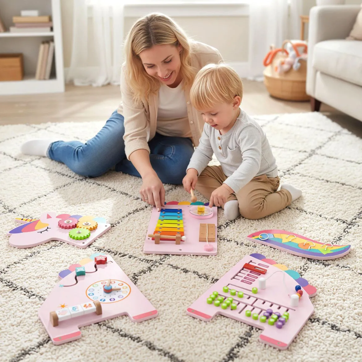 11 in 1 Einhorn Aktivitätswand für Frühe Entwicklung Busy Board Paneele für Kleinkinder Sinnesbrett