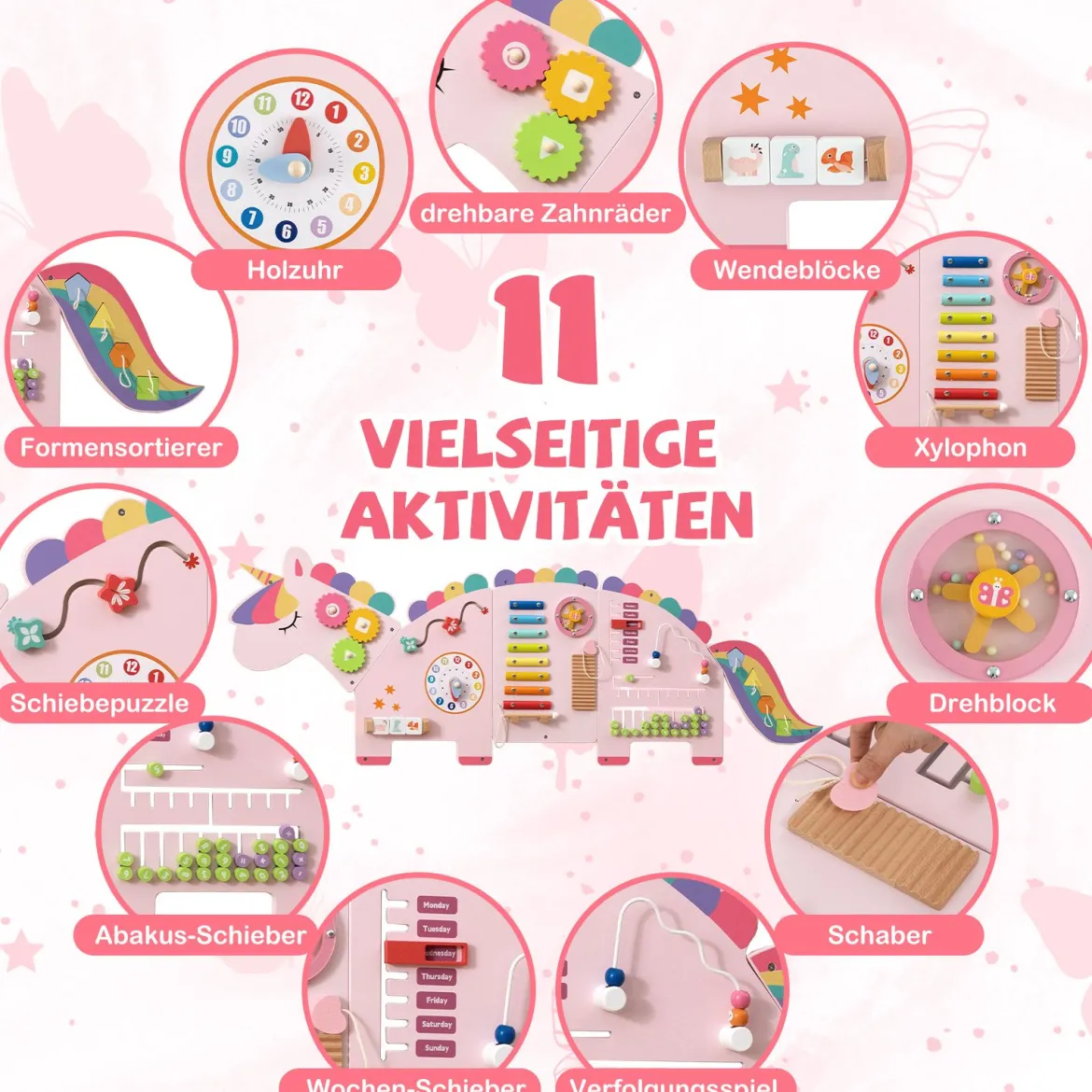 11 in 1 Einhorn Aktivitätswand für Frühe Entwicklung Busy Board Paneele für Kleinkinder Sinnesbrett