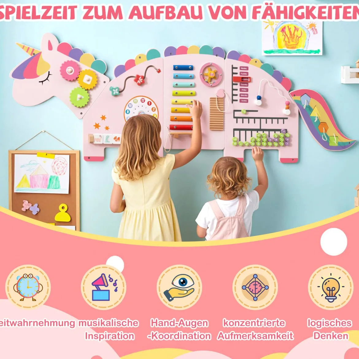 11 in 1 Einhorn Aktivitätswand für Frühe Entwicklung Busy Board Paneele für Kleinkinder Sinnesbrett