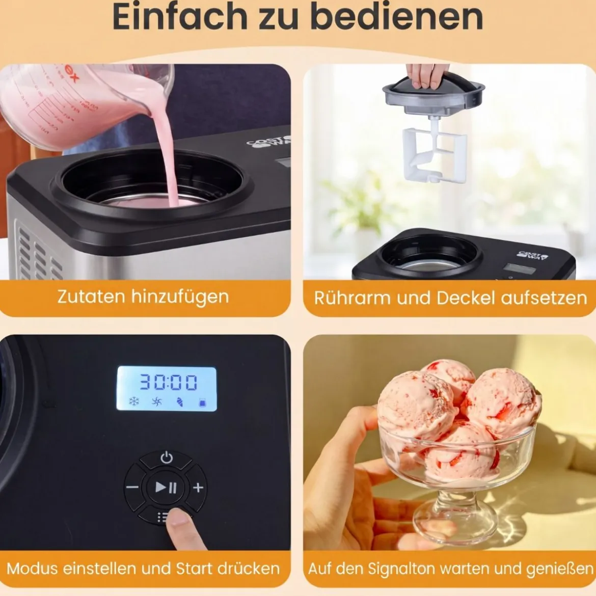 2 in 1 Eismaschine mit Joghurtfunktion 1,5 L Kompressor Eiscrememaschine Icecream Maker
