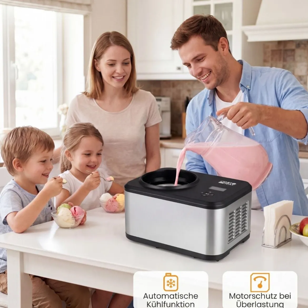 2 in 1 Eismaschine mit Joghurtfunktion 1,5 L Kompressor Eiscrememaschine Icecream Maker