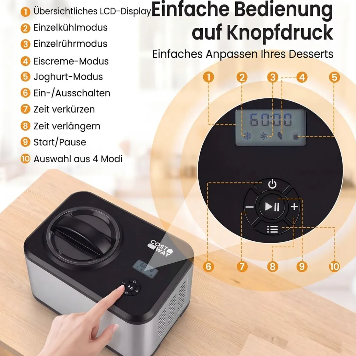 2 in 1 Eismaschine mit Joghurtfunktion 1,5 L Kompressor Eiscrememaschine Icecream Maker