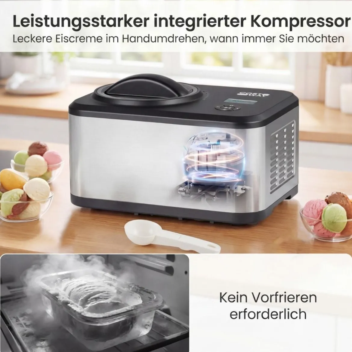 2 in 1 Eismaschine mit Joghurtfunktion 1,5 L Kompressor Eiscrememaschine Icecream Maker