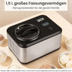 2 in 1 Eismaschine mit Joghurtfunktion 1,5 L Kompressor Eiscrememaschine Icecream Maker