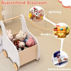 2 in 1 Elefantenform Lauflernwagen aus Holz mit Großer Spielzeugkiste Lauflernhilfe Weiß