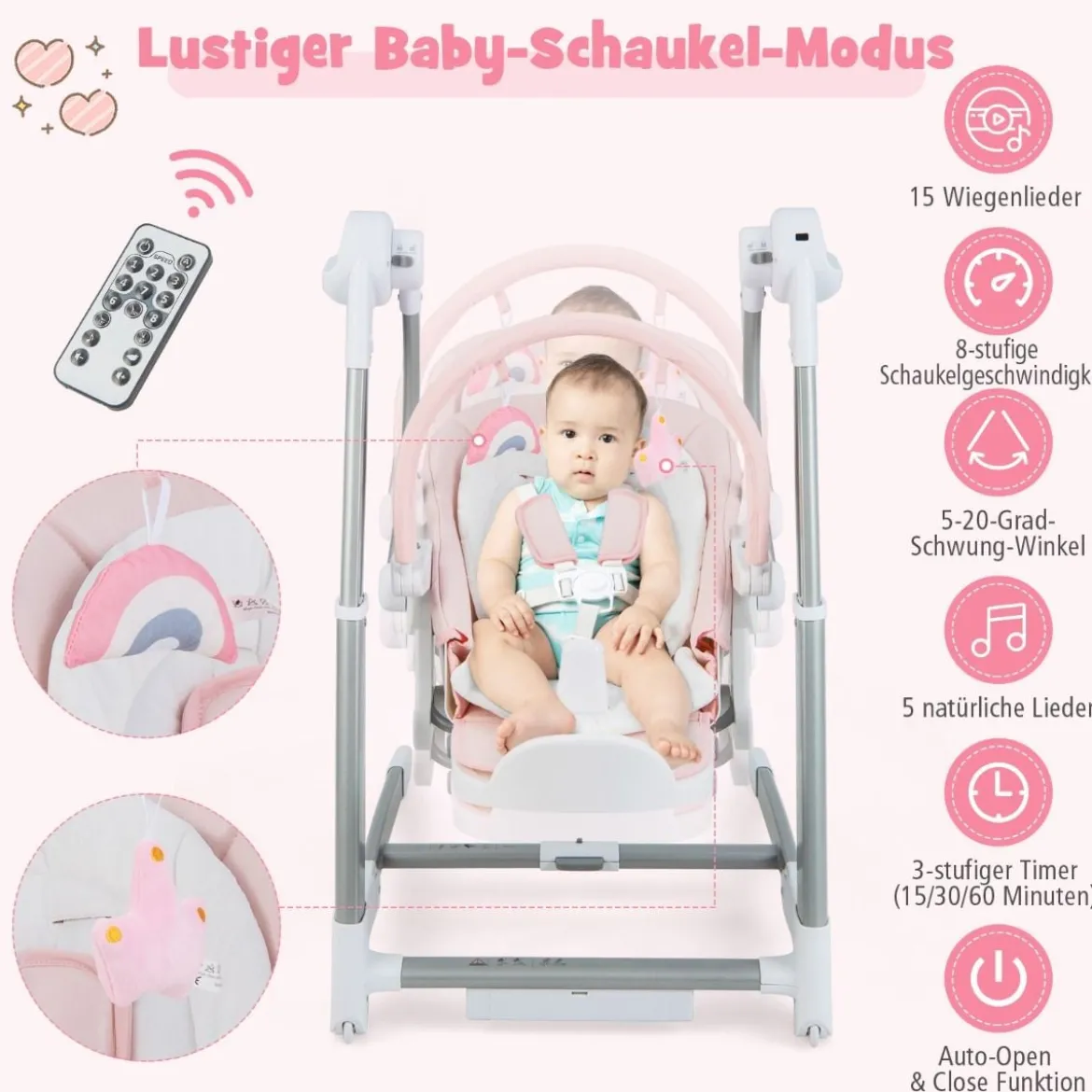 3 in 1 Elektrischer Babyschaukel mit 8 Schaukelposition & Timing & Auto Schaltfunktion Rosa