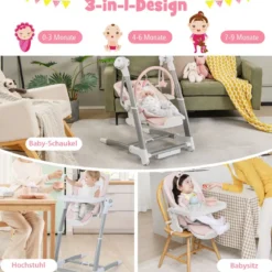 3 in 1 Elektrischer Babyschaukel mit 8 Schaukelposition & Timing & Auto Schaltfunktion Rosa