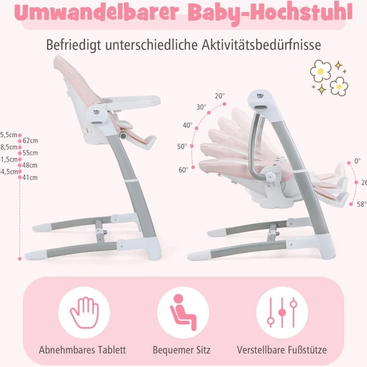 3 in 1 Elektrischer Babyschaukel mit 8 Schaukelposition & Timing & Auto Schaltfunktion Rosa