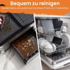 3-in-1 Elektrischer Tischgrill 2000W Elektrogrill mit 2 Separaten Heizzonen 6 Temperatureinstellungen
