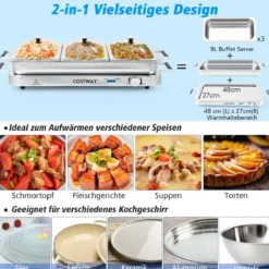 3 in 1 Elektrischer Wärmebehälter mit Temperaturregler bis 150℃ 450W Speisewärmer 9L
