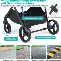 3 in 1 Faltbare Kinderwagen mit Umkehrbarem Sitz & Liegefunktion Reisebuggy Kombikinderwagen Schwarz