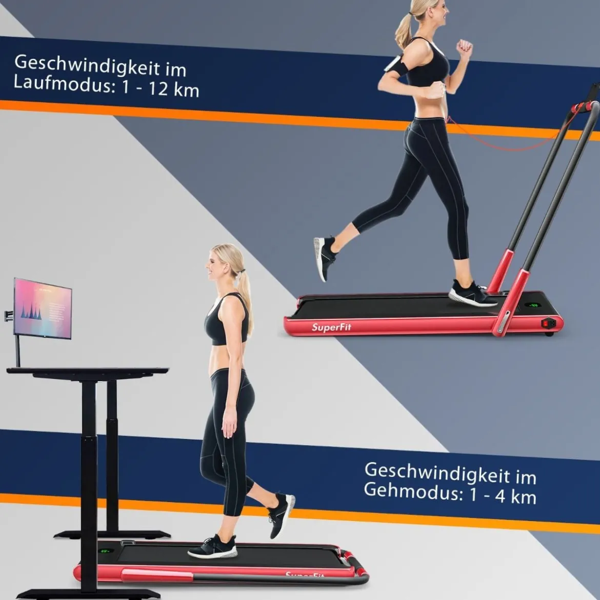 2-in-1 Faltbares Laufband mit APP & Fernbedienung Handyhalter Kompaktes Heim Laufband Rot