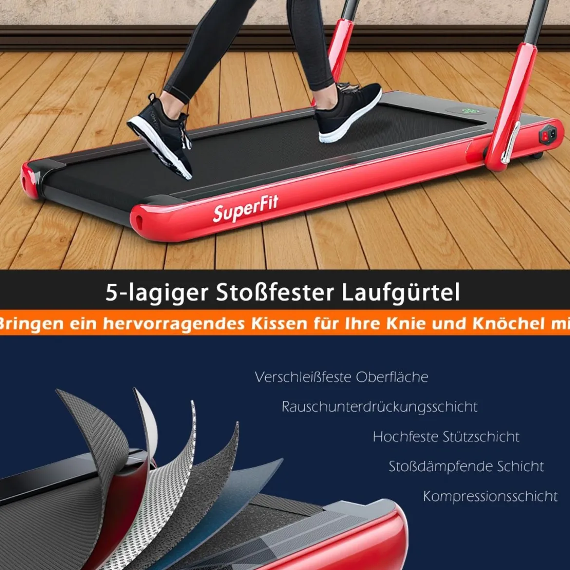 2-in-1 Faltbares Laufband mit APP & Fernbedienung Handyhalter Kompaktes Heim Laufband Rot
