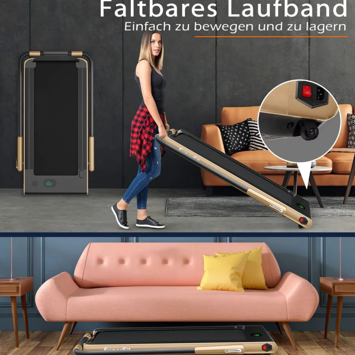 2-in-1 Faltbares Laufband mit APP & Fernbedienung Handyhalter LED-Display und Lautsprecher Gelb