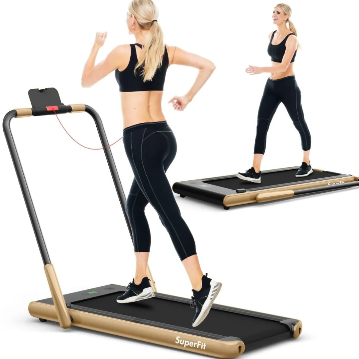 2-in-1 Faltbares Laufband mit APP & Fernbedienung Handyhalter LED-Display und Lautsprecher Gelb