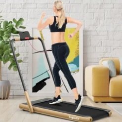 2-in-1 Faltbares Laufband mit APP & Fernbedienung Handyhalter LED-Display und Lautsprecher Gelb