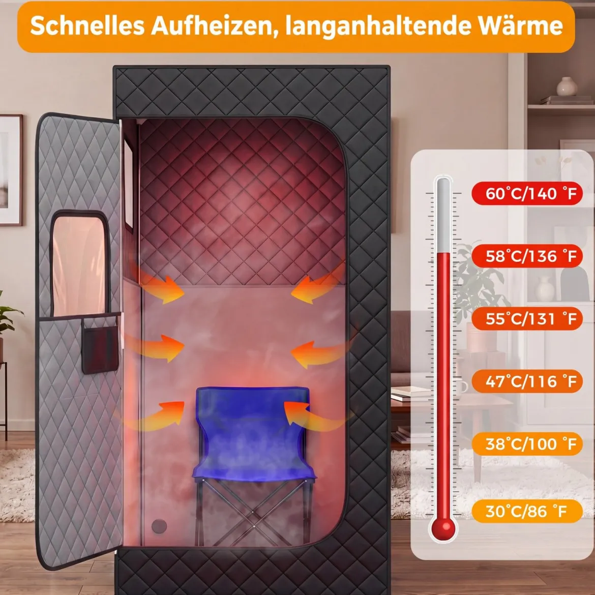 Infrarot Sauna mit 6-stufiger Temperaturregelung Fernbedienung & 9 Timerstufen 90 x 90 x 180 cm