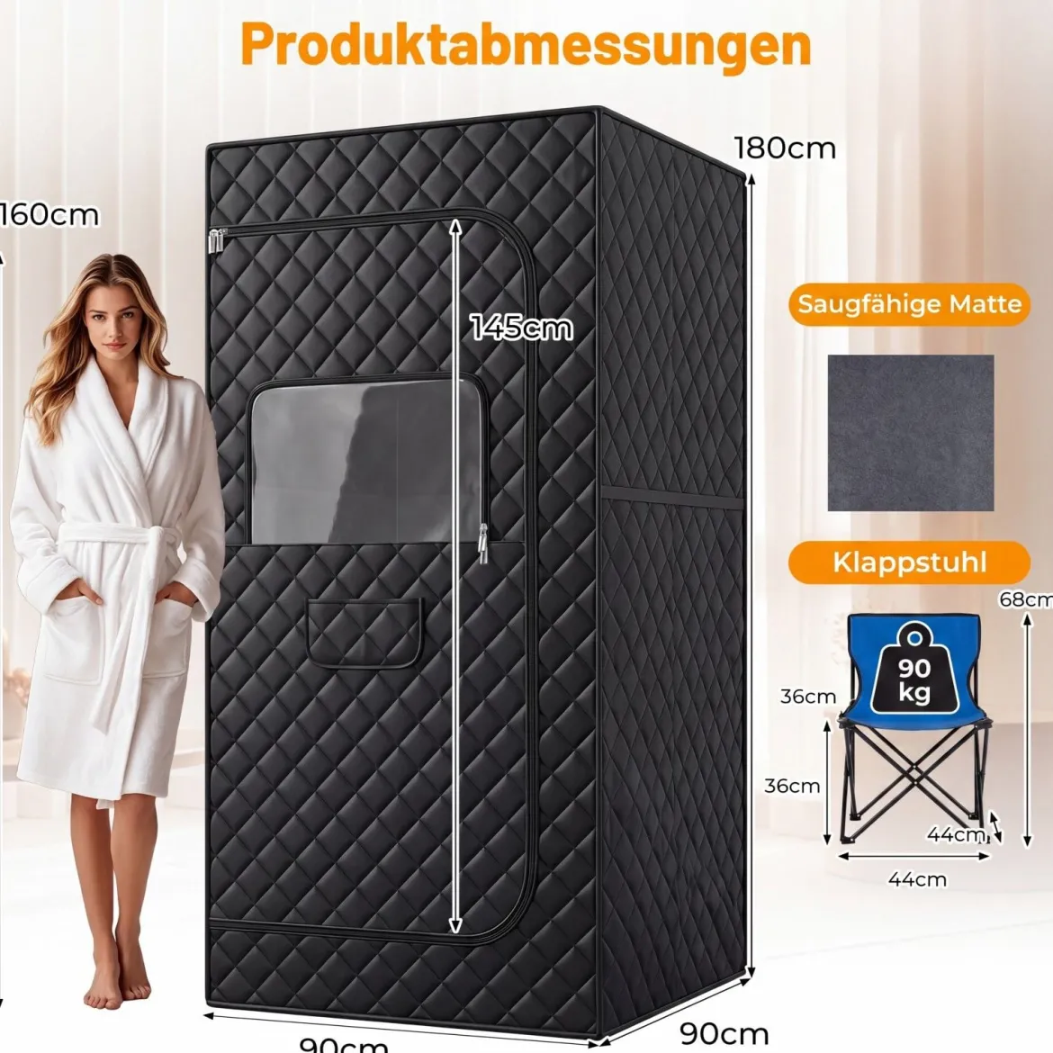 Infrarot Sauna mit 6-stufiger Temperaturregelung Fernbedienung & 9 Timerstufen 90 x 90 x 180 cm