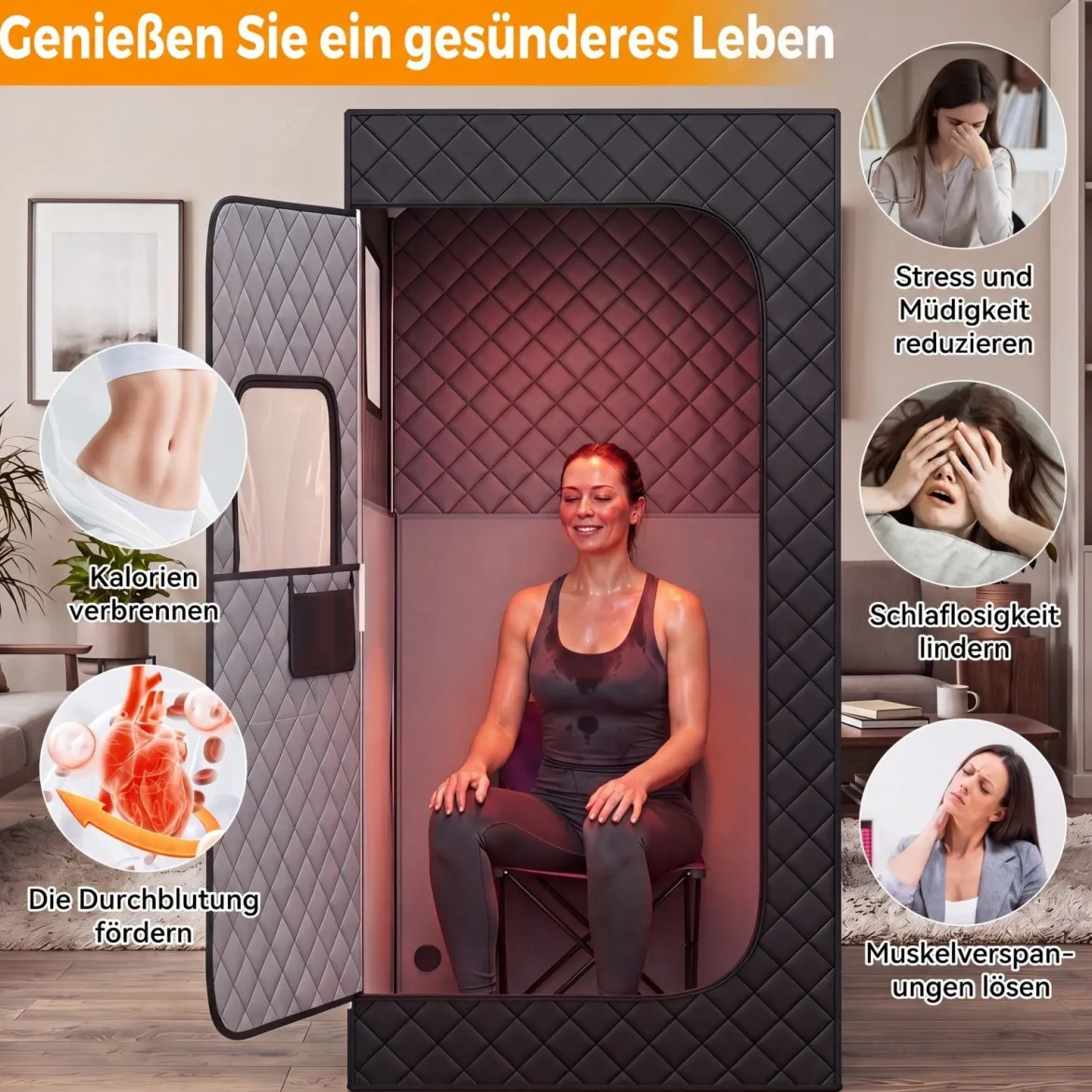 Infrarot Sauna mit 6-stufiger Temperaturregelung Fernbedienung & 9 Timerstufen 90 x 90 x 180 cm