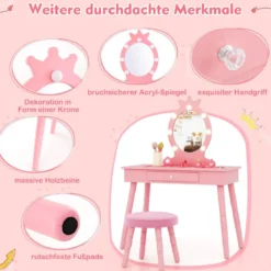 2 in 1 Frisiertisch Prinzessin mit Abnehmbarem Spiegel & Schublade Kinder Schminktisch