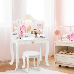 2 in 1 Frisiertisch Set Kinder Schminktisch Mädchen Frisiertisch Holz Spiegeltisch Weiß 80x42x105cm