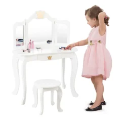 2 in 1 Frisiertisch Set Kinder Schminktisch Mädchen Frisiertisch Holz Spiegeltisch Weiß 80x42x105cm