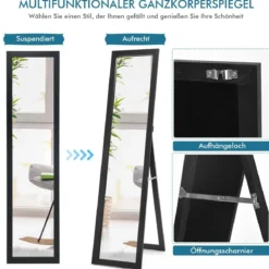 2 in 1 Ganzkörper-Spiegel Ganzkörperspiegel mit Holzrahmen 37 x 155 cm schwarz