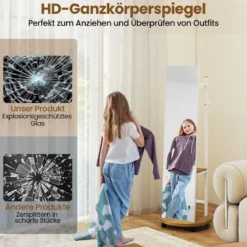 2 in 1 Ganzkörperspiegel mit 3 Haken & Ablagefächern & Universalrädern Weiß