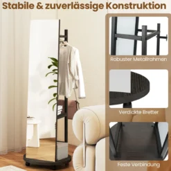2 in 1 Ganzkörperspiegel mit 3 Haken & Ablagefächern & Universalrädern Schwarz
