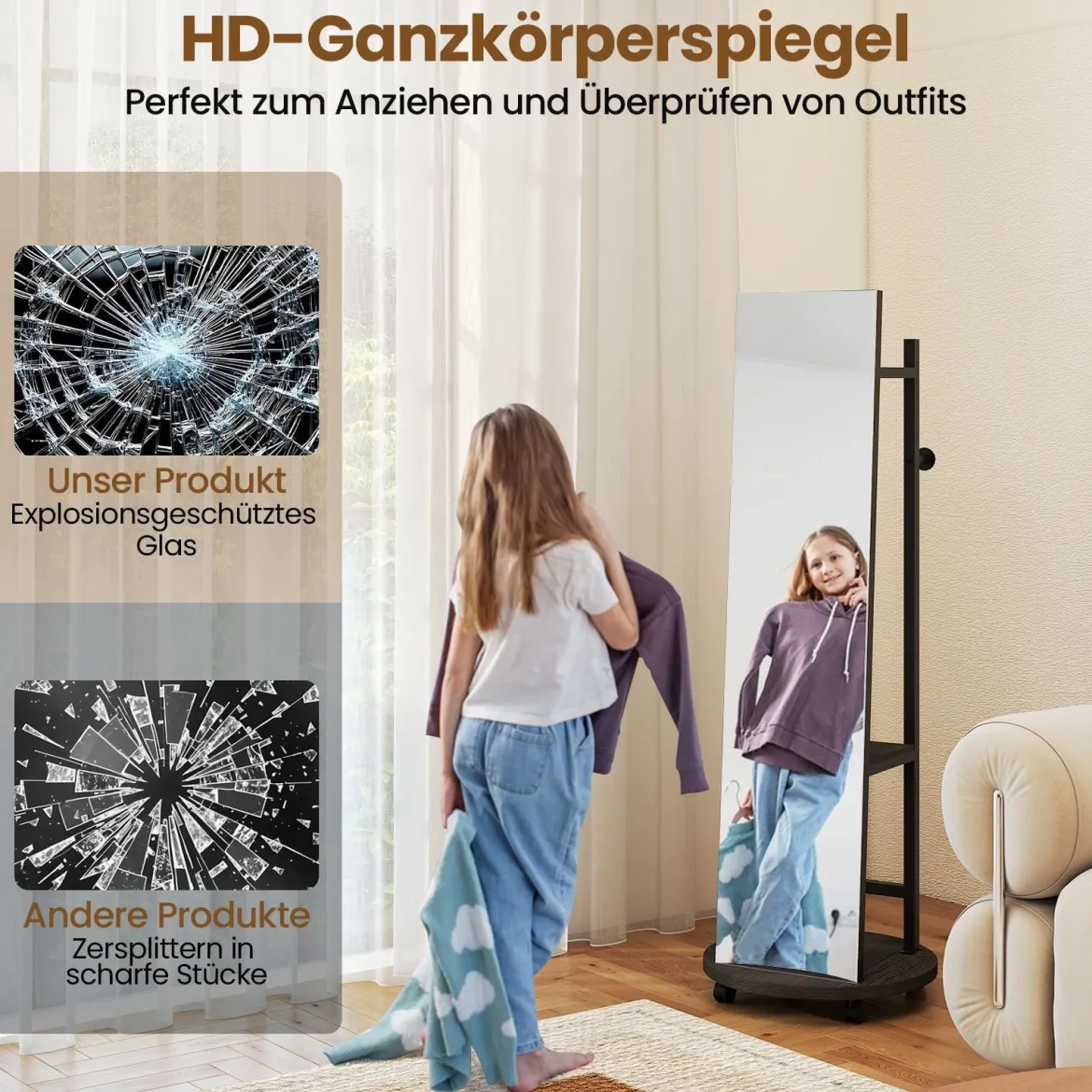 2 in 1 Ganzkörperspiegel mit 3 Haken & Ablagefächern & Universalrädern Schwarz
