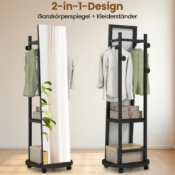 2 in 1 Ganzkörperspiegel mit 3 Haken & Ablagefächern & Universalrädern Schwarz