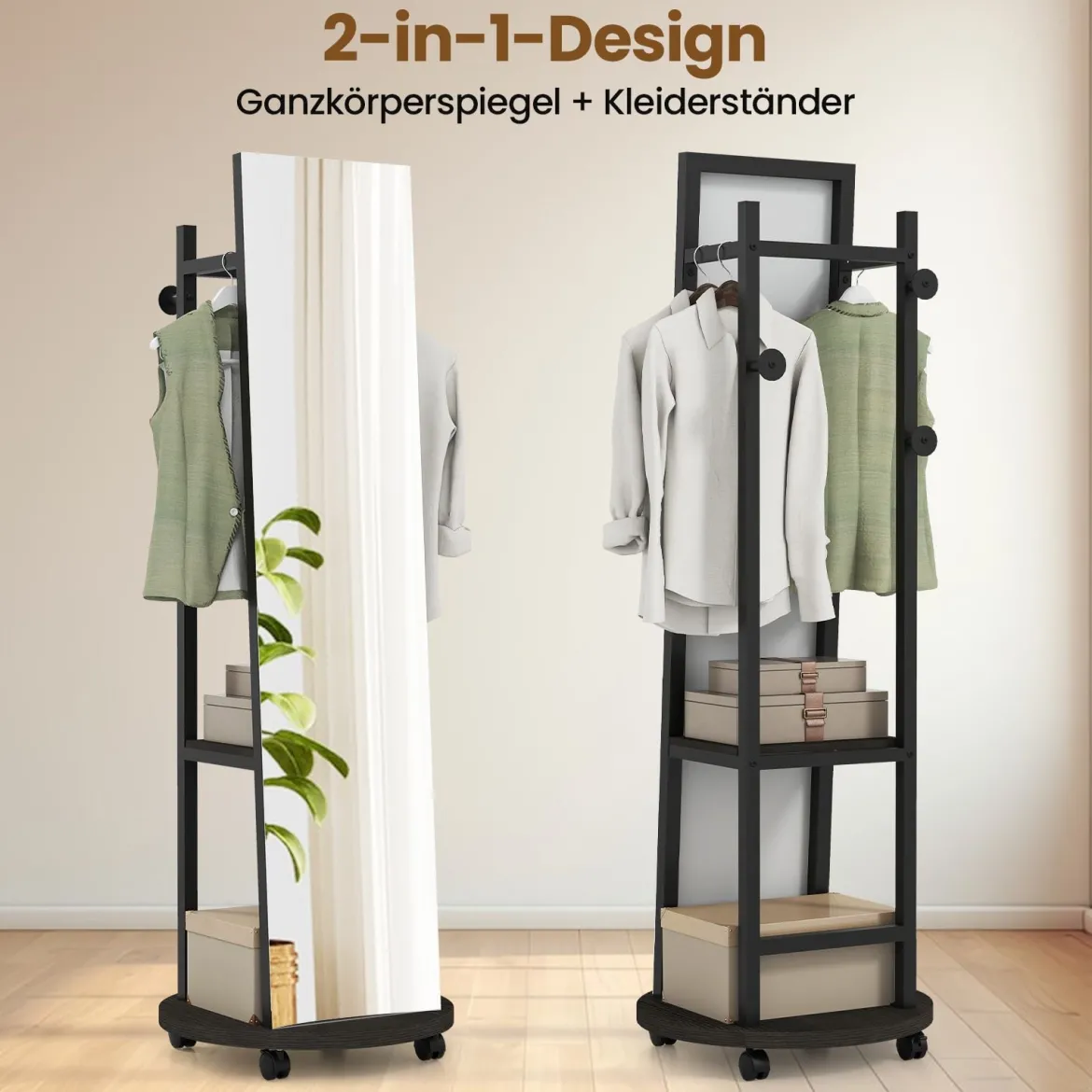 2 in 1 Ganzkörperspiegel mit 3 Haken & Ablagefächern & Universalrädern Schwarz