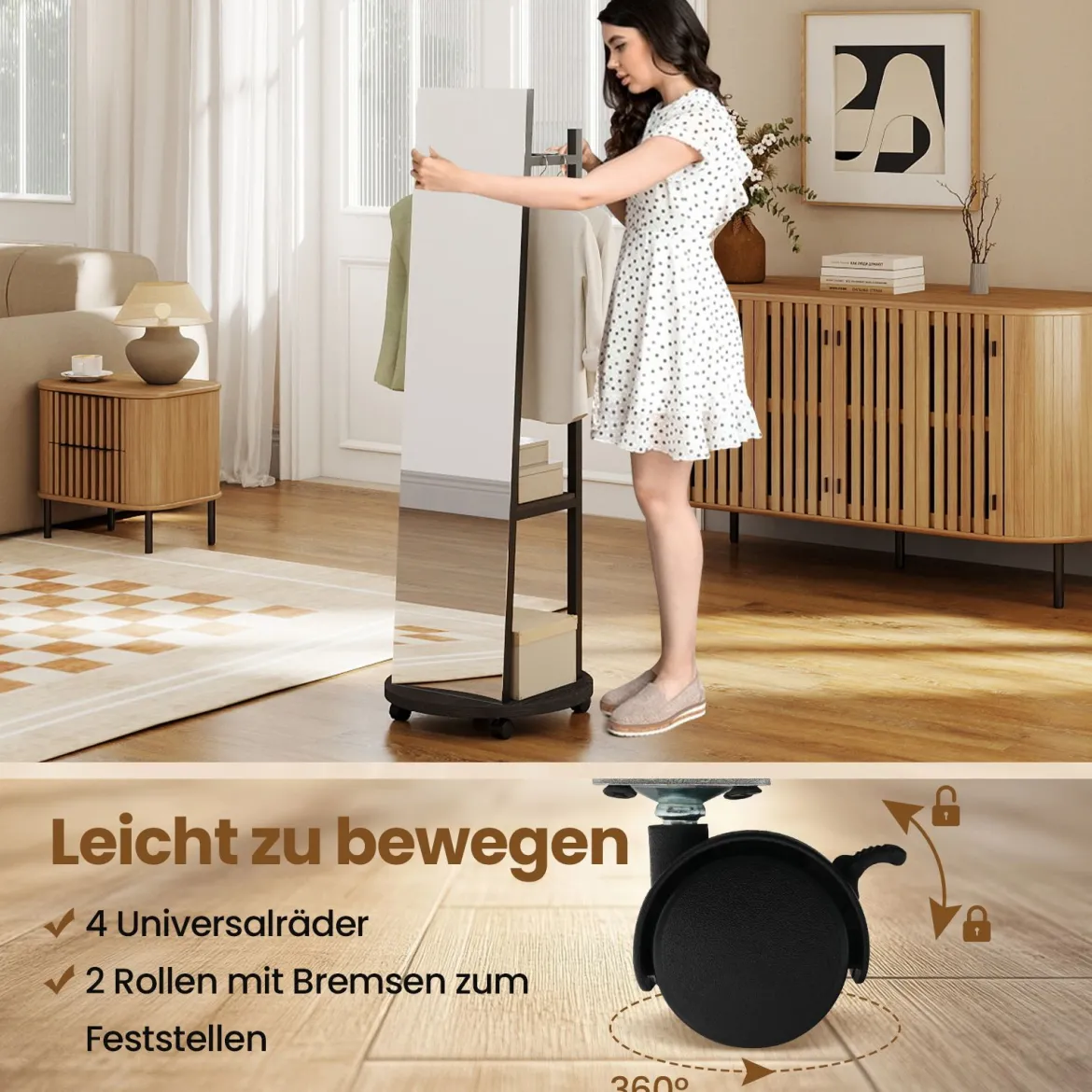 2 in 1 Ganzkörperspiegel mit 3 Haken & Ablagefächern & Universalrädern Schwarz