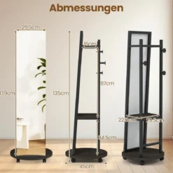 2 in 1 Ganzkörperspiegel mit 3 Haken & Ablagefächern & Universalrädern Schwarz