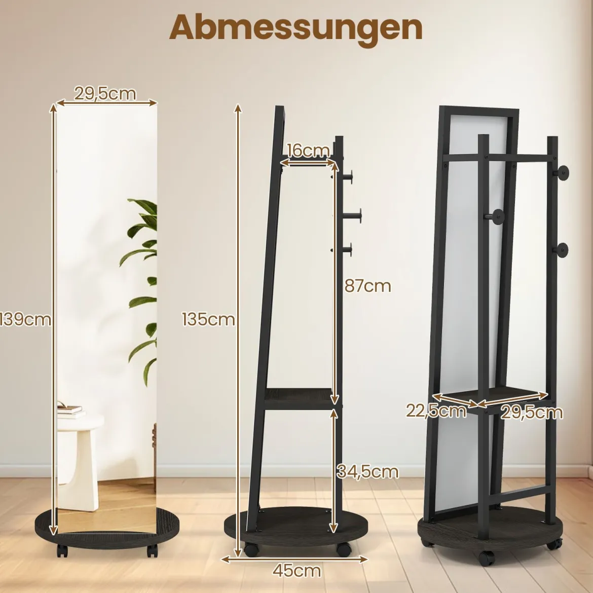 2 in 1 Ganzkörperspiegel mit 3 Haken & Ablagefächern & Universalrädern Schwarz