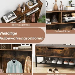 4 in 1 Garderobe mit Sitzbank & Schuhschrank & 3 Haken Garderobenständer Kleiderständer