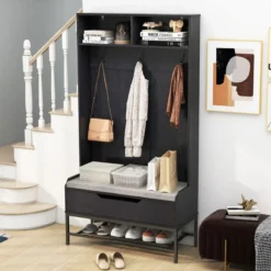 4 in 1 Garderobe mit Sitzbank & Schuhschrank & 3 Haken Garderobenständer Kleiderständer