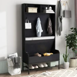 4 in 1 Garderobe mit Sitzbank & Schuhschrank & 3 Haken Garderobenständer Kleiderständer