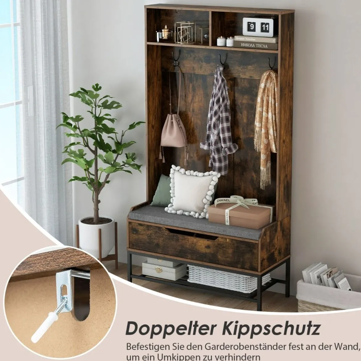 4 in 1 Garderobe mit Sitzbank & Schuhschrank & 3 Haken Garderobenständer Kleiderständer