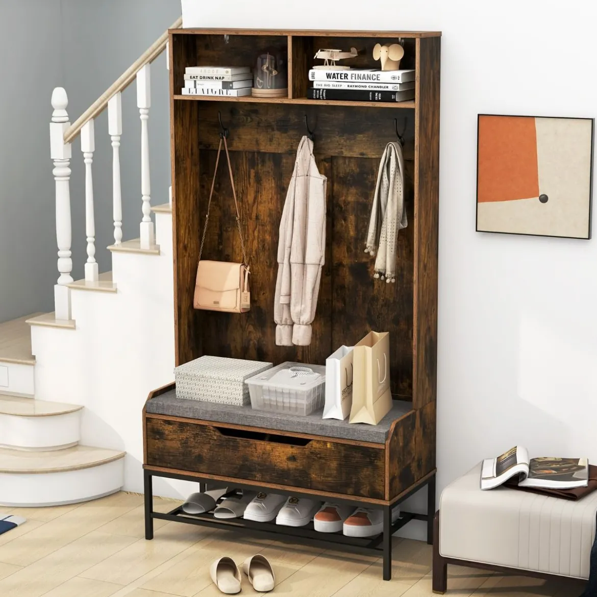 4 in 1 Garderobe mit Sitzbank & Schuhschrank & 3 Haken Garderobenständer Kleiderständer