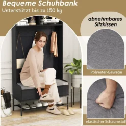 4 in 1 Garderobe mit Sitzbank & Schuhschrank & 3 Haken Garderobenständer Kleiderständer