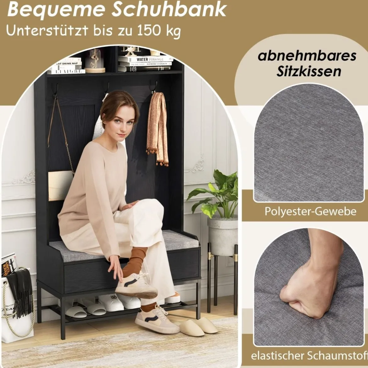 4 in 1 Garderobe mit Sitzbank & Schuhschrank & 3 Haken Garderobenständer Kleiderständer