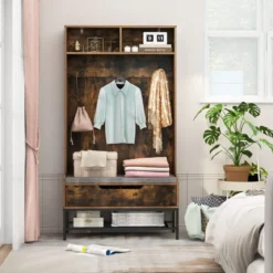 4 in 1 Garderobe mit Sitzbank & Schuhschrank & 3 Haken Garderobenständer Kleiderständer