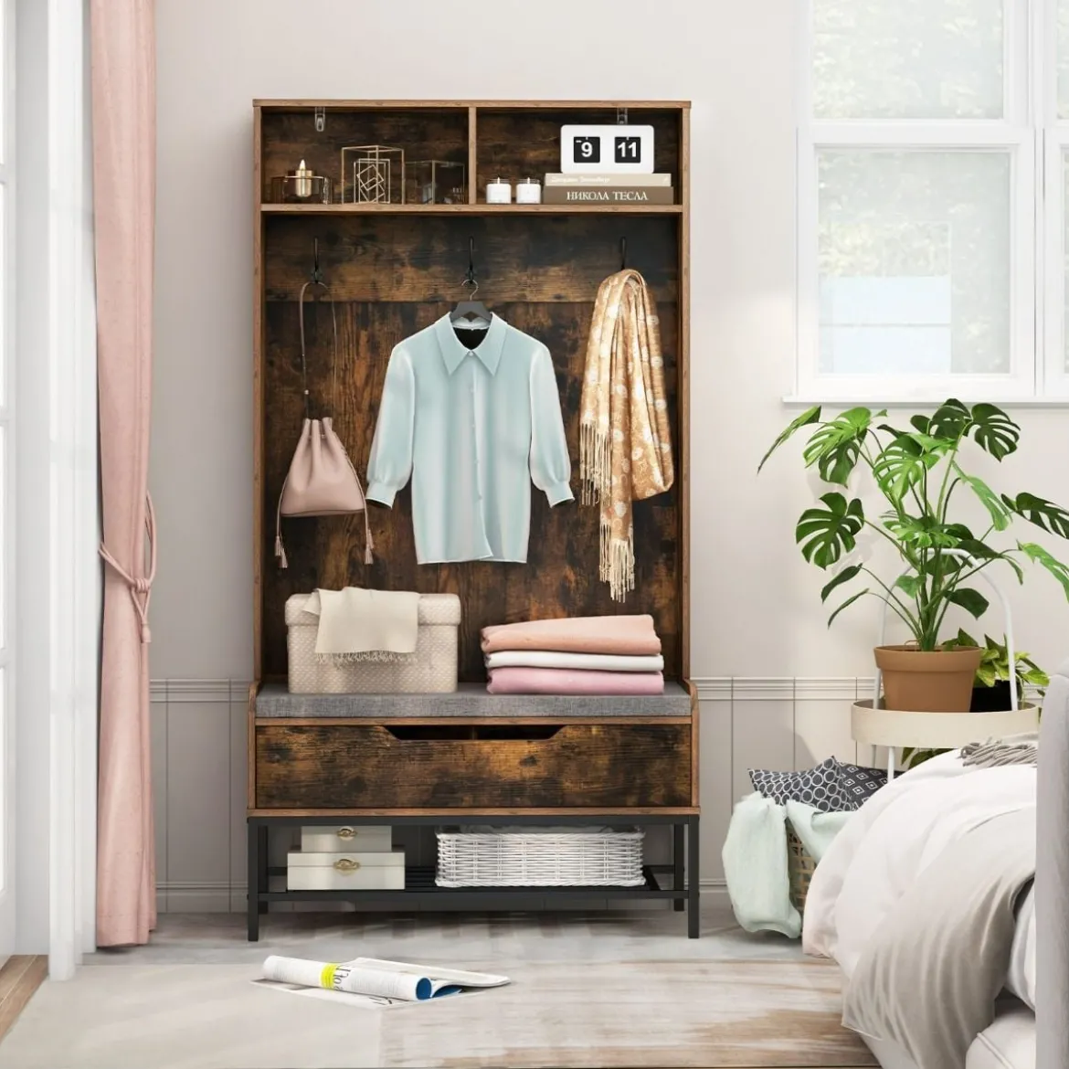 4 in 1 Garderobe mit Sitzbank & Schuhschrank & 3 Haken Garderobenständer Kleiderständer